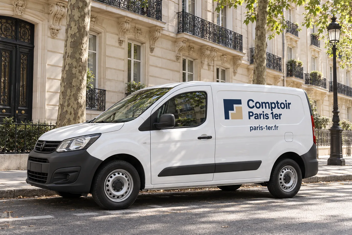 Utilitaire blanc Comptoir Paris 1er siglé paris-1er.fr, garé le long d'un immeuble haussmannien du centre de Paris